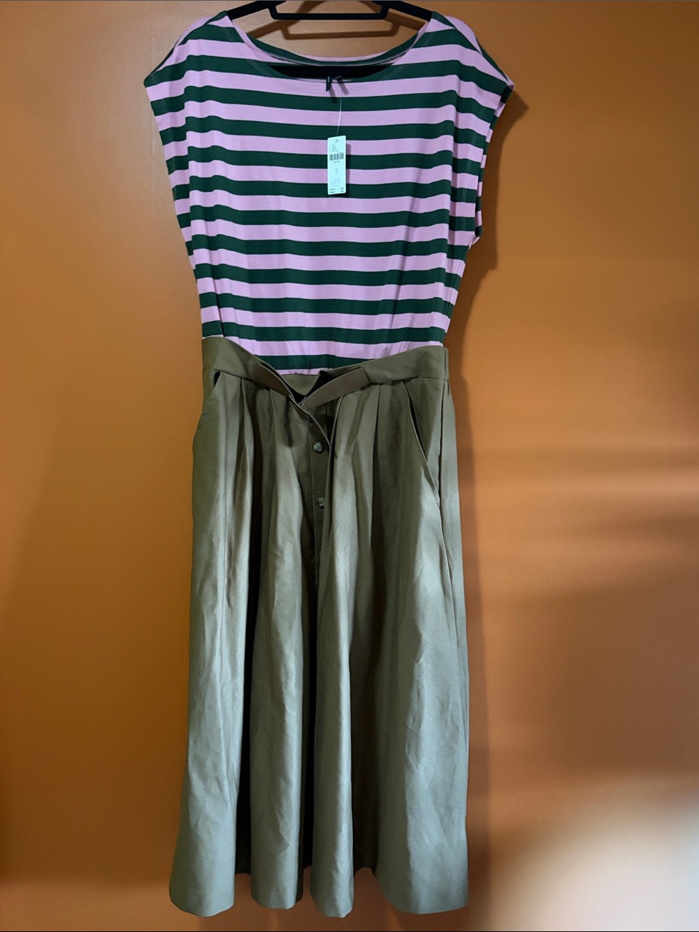 Anthropologie Dress with Pink and Green Striped Top and Tan/Olive Midi Skirt
